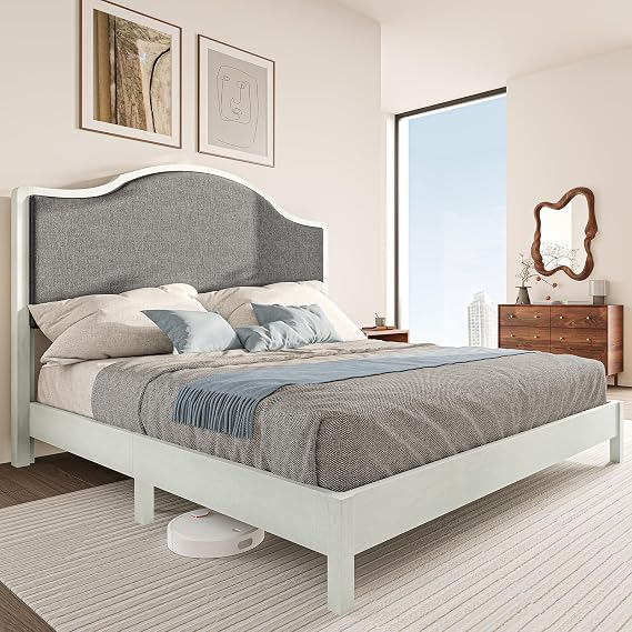 Jocisl Size Wooden Platform Bed Frame with Upholstered Headboard Solid Wood Bed, No Box Spring Needed, Ivory Wood Finish