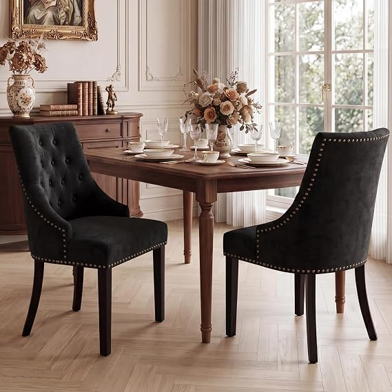 LSSBOUGHT Tufted Dining Chairs Set of 2, Modern Upholstered Accent Chairs with Nailhead Trim, High Back Solid Wood Leg Kitchen Chairs for Dining Room & Kitchen(Black)