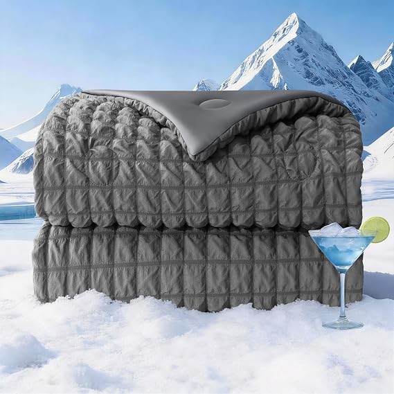 Seersucker Cooling Comforter Twin Size, Q-Max 0.45 Reversible Cooling Blanket for Hot Sleepers, Breathable Lightweight Silk Smooth Summer Bedding, Quilted Ice Blanket, Dark Gray