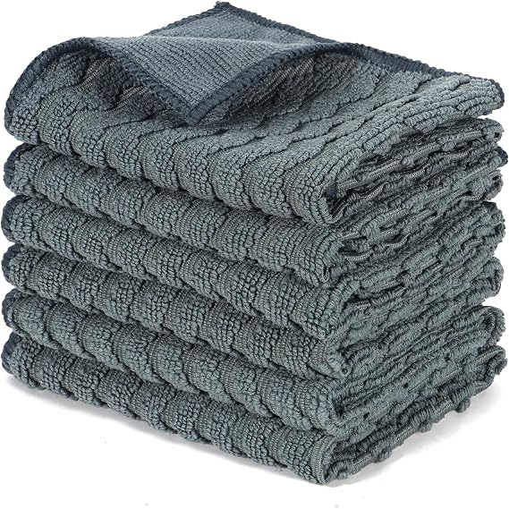 Dual-Sided Microfiber Cloths, 12x12 Lint-Free 6-Pack | Zig-zag side traps grease, soft side polishes. Streak & lint-free for home/auto. Stain-hiding grey, washable 12x12 6-pack.