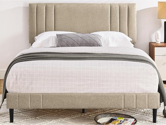 Decoro Chicago Modern Tufted Upholstered Platform Full Size Bed Frame, Linen