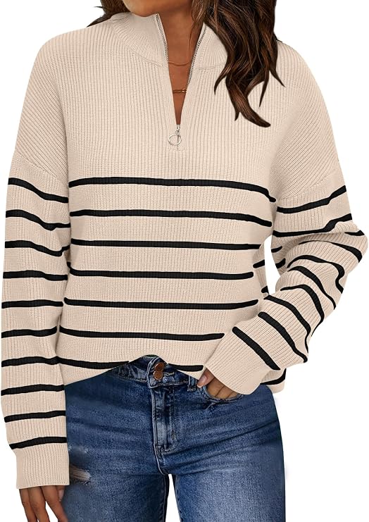 LILLUSORY Women's Quarter Zip Striped Oversized Sweater 2026 Mock Turtleneck Fall Fashion Outfit