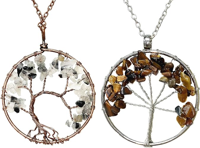Betterdecor Two Handmade Tree of Life Multi Colors Crystal Gemstone Wire Braided Pendant Necklace