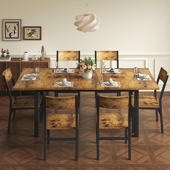 Einhomn 7-Piece Dining Room Table Set with 6 Chairs, 63" Extendable Dining Table & Chairs Set for 4-6, MDF Board & Metal Frame, Dinette for Kitchen, Dining Room, Rustic Brown