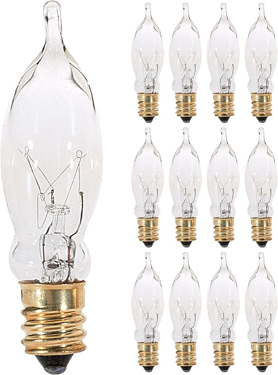 KOR 7.5W CA5 Incandescent Flame Tip Chandelier Bulbs, Clear, 12 Pack | E12 Candelabra Brass-plated Base, Dimmable Petite Decorative Lamps, 120V, 40 Lumens, Model 7.5CFC/15/3.