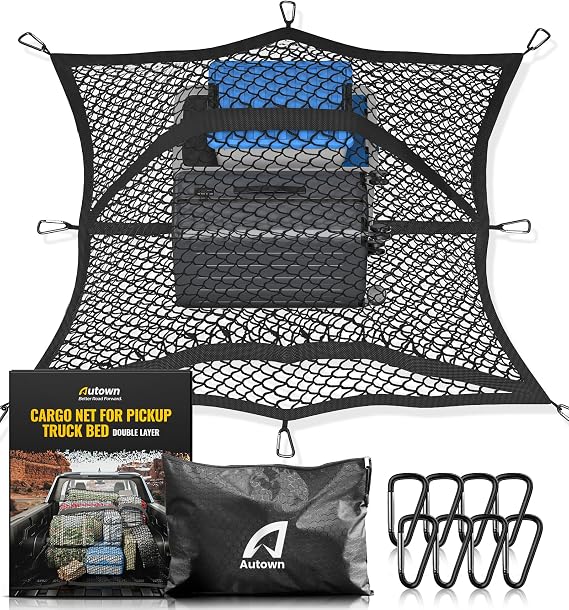 AUTOWN Cargo Net for Pickup Truck Bed with 8 Metal Carabiners, Double Layer | Stretchable from 4'x4' to 7'x7', High Elastic Fine Mesh 1''x1'', Ideal for ATV, SUV, UTV, Truck and Boat Use, and More