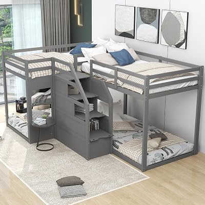 Harper & Bright Designs L Shaped Bunk Bed for 4, Wood Quad Bunk Bed with Stairs, for Kids Teens Adults Gray
