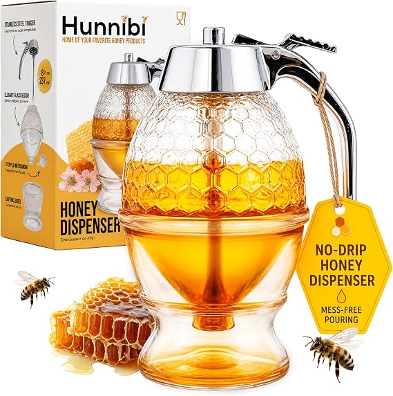 Hunnibi 8oz No Drip Glass Honey Dispenser with Plastic Top - Honeycomb-Style Syrup Server and Bee-Themed Storage Jar with Stand - 6"