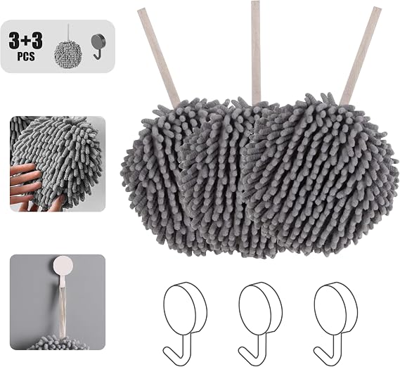 Chenille Hand Towel Ball,Super Soft/Quick Drying/Strong Water Absorption/Microfiber Velvet,Cleaning Wash Cloths/Wipe/Puff/Dryer Sponge for Bathroom/Kitchen,with Hanging Loop/Wall Hook(3 Pcs)
