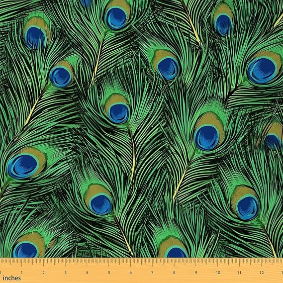Feelyou Peacock Upholstery Fabric for Chairs, Luxury Peacock Feathers Design Fabric by The Yard, Green Blue Animal Fur Decorative Fabric for Upholstery and Home DIY Projects, 1 Yard