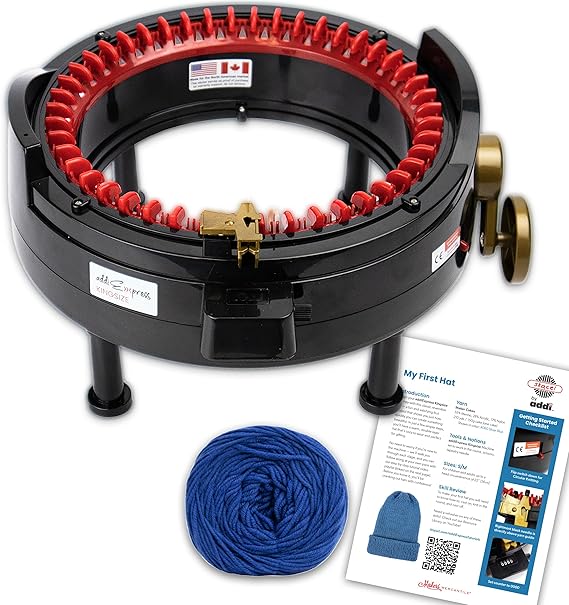 Addi Express King Size Knitting Machine Set, 46 Needles Circular Loom with Hand Crank, Row Counter, Makers Mercantile Yarn Cake (Color May Vary), and Hat Pattern
