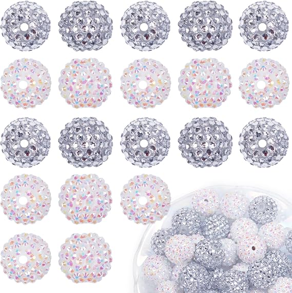 20 Pcs 20mm Beads for Pens White Rhinestone Bubblegum Bead Crystal Acrylic Round Chunky Beads Sparkly Craft Large Balls Beads for Pens Beadable Keychain Bracelet DIY Jewelry Making Supplies