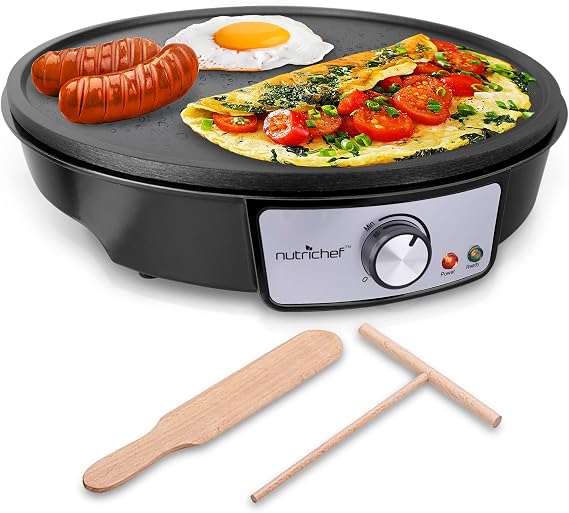 NutriChef Electric Griddle & Crepe Maker | Nonstick 12 Inch Hot Plate Cooktop | Adjustable Temperature Control | Batter Spreader & Wooden Spatula | Used Also For Pancakes, Blintzes & Eggs