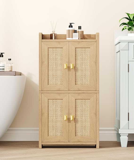 Akxomel Rattan Small Bathroom Cabinet with 4 Doors, 15" W Bathroom Floor Cabinet, Bathroom Organizer and Storage with Adjustable Shelves for Small Spaces, Natural Oak