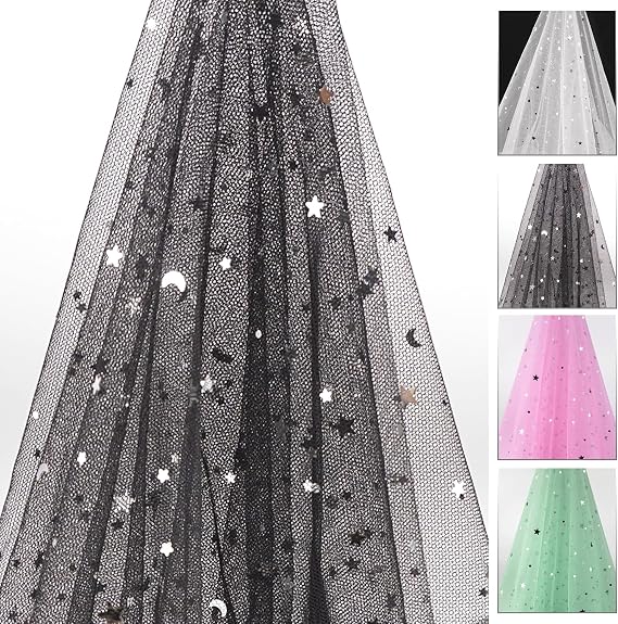 60" x 3 Yards Glitter Tulle Fabric Bolt with Star Moon Sequin, Soft Sparkly Sheer Netting for Bridal Veil Wedding Decoration Tutu Skirt Photography Backdrop Embroidery Sewing Crafts (Black)