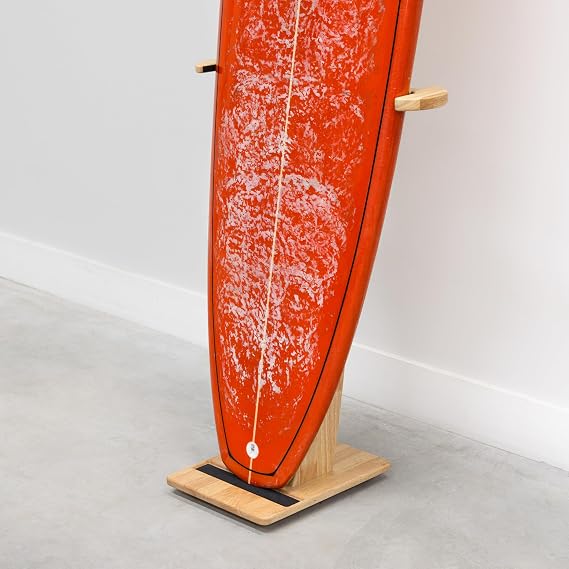StoreYourBoard Freestanding Vertical Surfboard Rack, Fit Boards 16" to 26" | Freestanding Surfboard Rack, Surf Rack, Adjustable Arms, Hevea Wood, Foam Padded, Fin Compatible