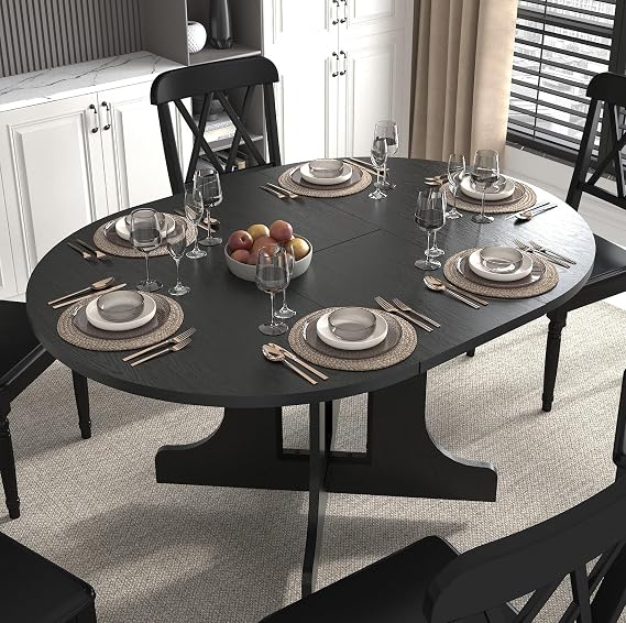 59" Round Extendable Dining Table Modern Oval Kitchen Dining Room Table for 4-8 Expandable Dinner Table with Heavy Duty Wood Base for Kitchen Living Room, Easy Assembly,Black