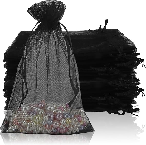 100PCS Organza Bags, 4x6 inch Small Mesh Bags Drawstring, Black Sheer Organza Bags, Party Favor Bags, Jewelry Gift Bags Candy Bags Present Bags for Wedding, Halloween, Wrapping Supplies, Small Gift