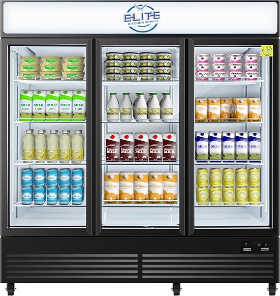 Commercial 3 Swing Glass Door Merchandiser Refrigerator, ETL Upright Display Fridge Cooler, 3 Section 72" W 62.5 cu.ft. Fan Cooling, Bottom-Mounted, Restaurant Kitchen Cafe CLG-1320BF