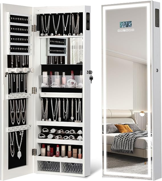 LED Mirror Jewelry Cabinet, Bluetooth Speaker, Full Length Mirror, White