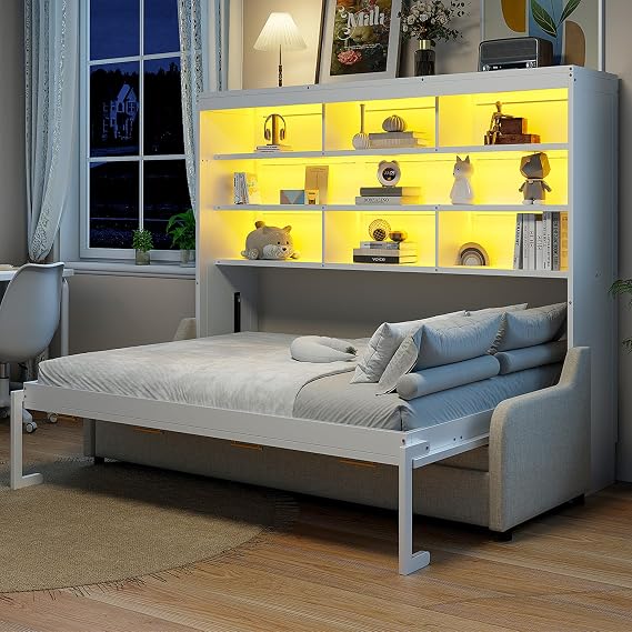 Queen Size Murphy Cabinet Bed with Folding Sofa,Built-in Storage Shelves and LED Light, Multifunctional Cabinet Folding Wall Bed for Guest-Room, Office (Beige1, Queen)