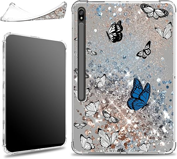 for Samsung Galaxy Tab S8 Plus 2022/S7 FE 2021/S7 Plus 2020 12.4" with S Pen Holder Case, Slim Soft Silicone Lightweight Clear Military-Grade Corners Shockproof Case, Butterfly Glitter