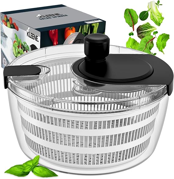 Salad Spinner Large Clear Bowl with Drain and Colander Multi-use Vegetable Dryer, Lettuce Spinner, Fruit Washer, Salad Mixer, Pasta & Fries Spinner - 4.2 Qt
