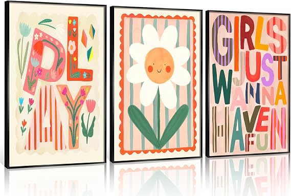 Boho Floral Sun Nursery Wall Art Girls Just Wanna Have Fun Positivity Affirmation Rainbow Print Playroom Classroom Counseling Office wall decor Play Poster for Kids Bedroom, 12x16 Inch, Set of 3