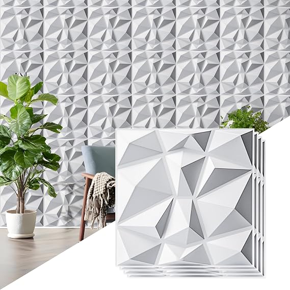 AMIGO 20-Piece 3D Wall Panels Diamond Pattern, High-Strength PVC, 12x12 Deformation-Resistant, Recyclable, Waterproof, Heat-Resistant, Odorless, Matte White