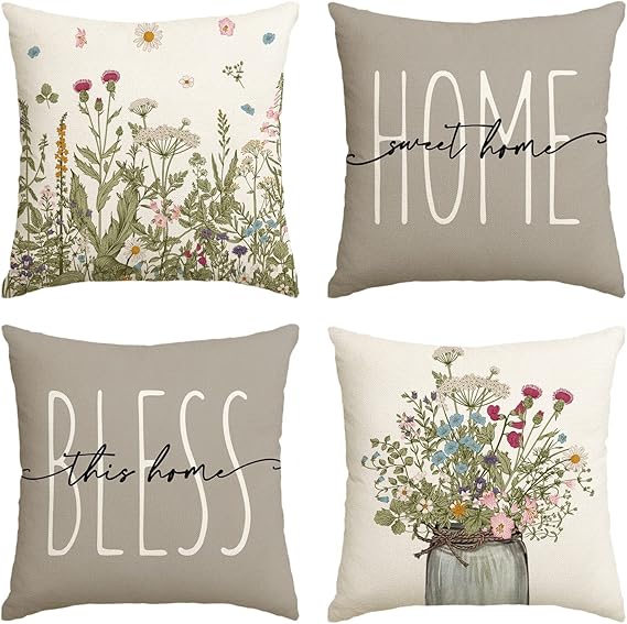 AVOIN colorlife Spring Wildflowers Home Sweet Home Throw Pillow Covers, 18x18 Inch Seasonal Cushion Case Decoration for Sofa Couch Set of 4