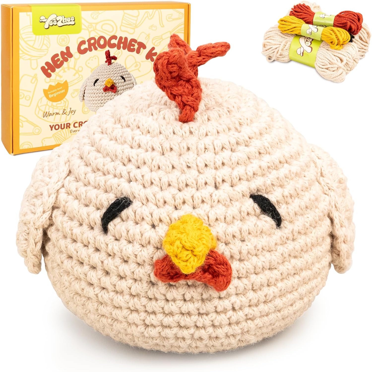 Yeezhee Crochet Kit for Beginners - Animal Starter Set with Step-by-Step Video Tutorials, Thread & Crochet Hooks - Easy DIY Plush Gift for Adults and Kids Chicken
