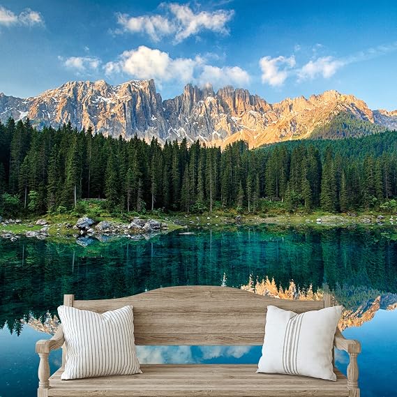 IDEA4WALL Removable Wall Sticker/Wall Mural Serene Pine Tree Forest Mountain Lake Nature Wilderness Photography Realism Decorative Landscape Rustic Zen for Living Room, Bedroom, Office - 66"x96"