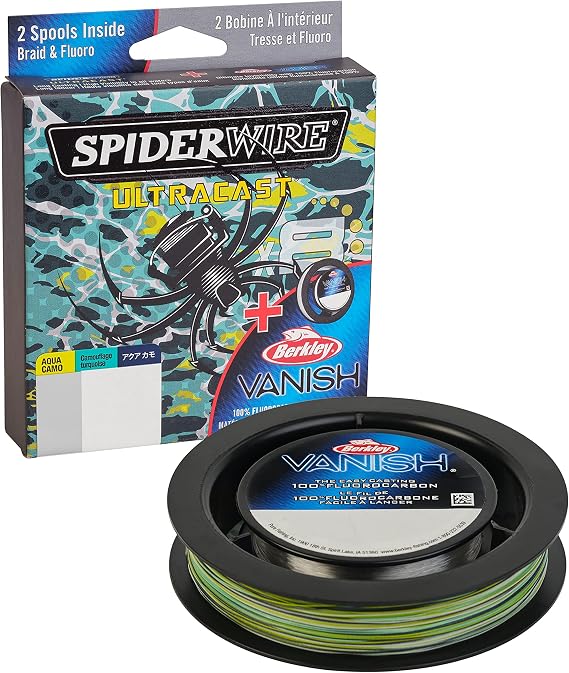 SpiderWire Ultracast Braid Vanish Fluorocarbon Dual Spool, 10lb Aqua Camo Braid with 20lb Clear Fluoro Leader
