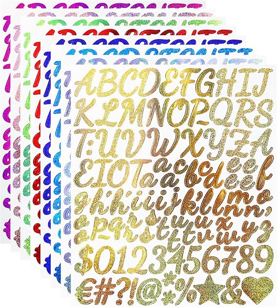 8 Sheets 1 Inch Vinyl Colorful Glitter Letter Number Stickers | Self-Adhesive Waterproof Sparkle Alphabet Symbol Sticker for Scrapbooking, Greeting Cards and DIY Craft