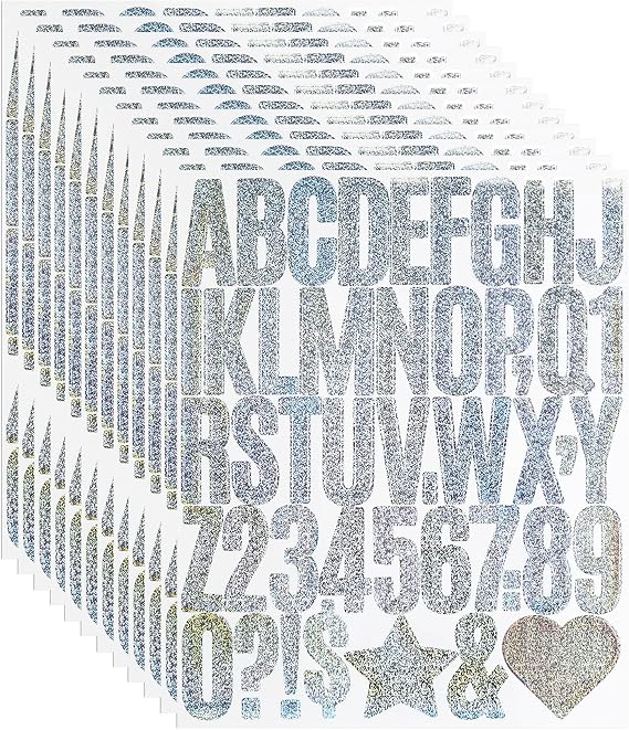 2 Inch Sparkle Letter Number Sticker, 460 Pieces, Glitter Silver