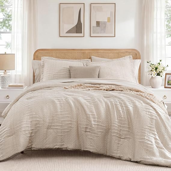 MaiReve King Size Comforter Set Crinkle Textured Beige Bedding Set 7 Pieces | Boho Geometric All Season Bed in a Bag with Comforter, Sheets, Pillowcases & Shams