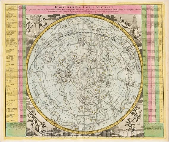 Southern Celestial Hemisphere Map 1730 - Historical Astronomy Chart Print - 30in x 24in