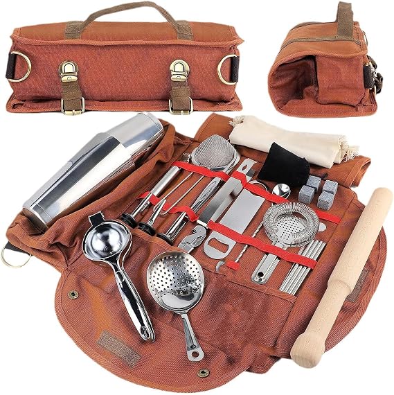 BFYDOAA Bartending Tool Bag Canvas Large Capacity Portable Bartender Kit Bag with Adjustable Shoulder Strap for Cocktail Making,Camping, Parties(Coffee)
