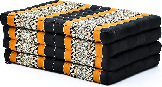 Leewadee Trifold Mattress Standard Comfortable Thai Massage Pad, Foldable Floor Mattress Filled with Kapok, Perfect to Use as a Sleeping Mat 79 x 28 inches, Black Orange
