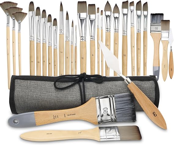 Oil Paint Brushes Set, 25Pcs Professional Paint Brushes for Canvas Painting with Enhanced Bristles with Natural Handle, Including Palette Knife and Canvas Roll