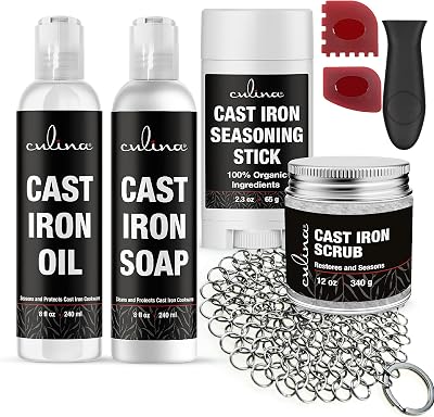 Culina Cast Iron Seasoning Stick Soap Oil Conditioner Restoring Scrub Stainless Scrubber handle and Scraper | All Natural Ingredients | Cast Iron Cookware colors may vary