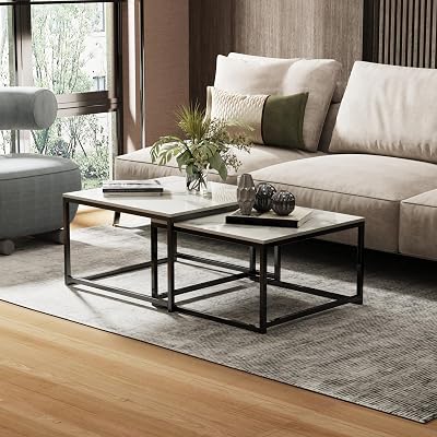 Wisfor Nesting Coffee Table Set for Living Room, White Nesting Tables Set of 2 Stackable with Sintered Stone Tabletop, White