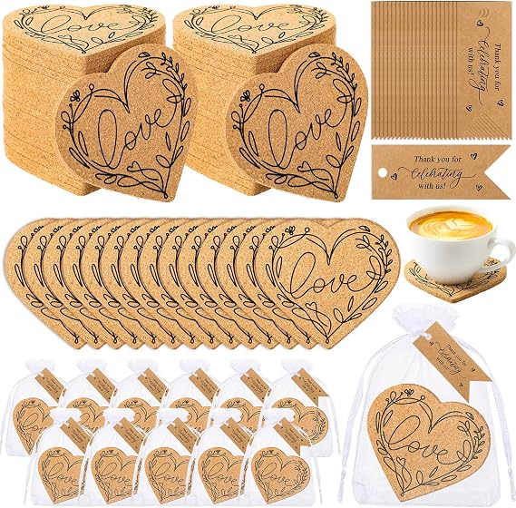 30 Sets Wedding Cork Coasters for Guests, Heart Shaped Bridal