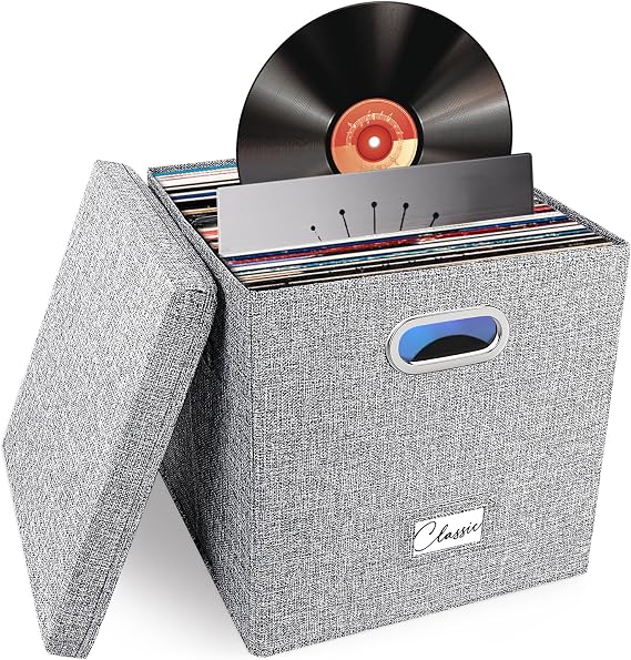 Vinyl Record Storage Box for 50+ LPs, 12-Inch Record Holder Case with Lid