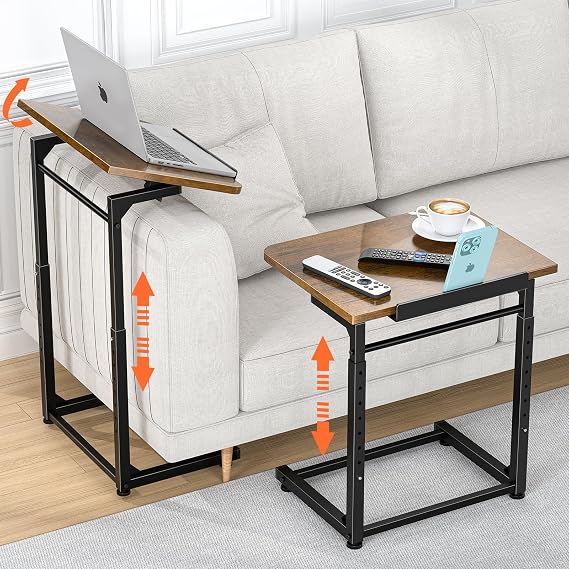 Tv Tray Table, 8-Level Adjustable Height Couch Side Table,90 Tilt Angle Adjustments C-Shaped End Table, with Phone & Tablet Slot Sofa Computer Desk for Couch, Sofa, Bed, Chair, Living Room (Brown)