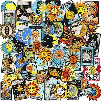Tigeen 48 Pcs Chenille Iron on Patches Iron on Hat Patches Bulk for Hats Clothes Sew on Applique Accessory for Backpack Pants JeansSun and Moon