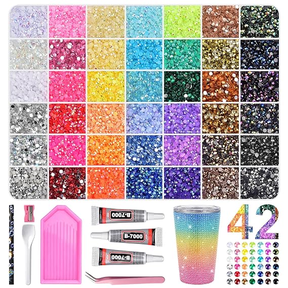 42000Pcs Resin Jelly Rhinestones for Bedazzling, 42 Colors 3mm Bedazzler Kit with Rhinestones for Diamond Art, Flatback Gems with 310ml B7000 Jewelry Glue and Tools for Crafting Book Shoes Nail Art