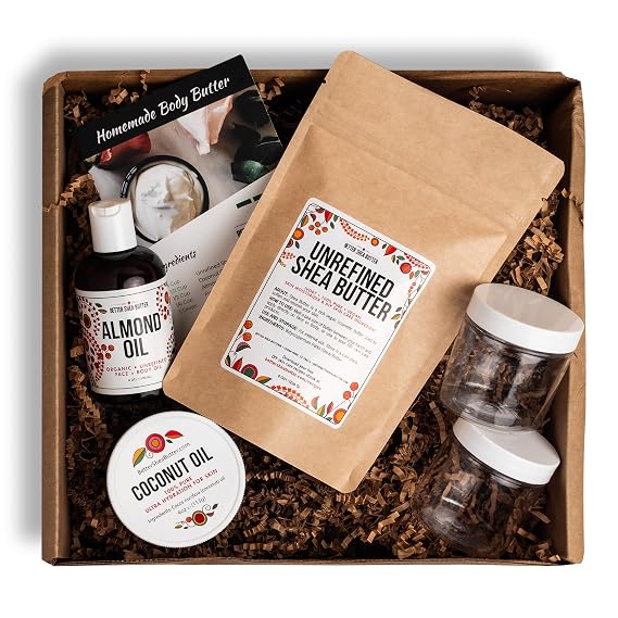 Shea Butter Body Butter Making Kit - DIY Kits for Adults (Raw Shea Butter, Almond Oil, Coconut Oil, 2 Jars) & Recipe Card with Link to Video Tutorial - Natural Whipped Body Lotion Making Kit