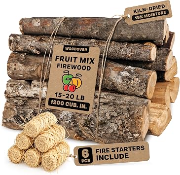 15" Apple & Cherry Firewood Logs with Fire Starters Set - Kiln-Dried Firewood for Fire Pit, Seasoned Wood for Fireplace, Campfire & Pizza Oven - Split Wood for Solo Stove - 1200 cu. in., 15-20lb