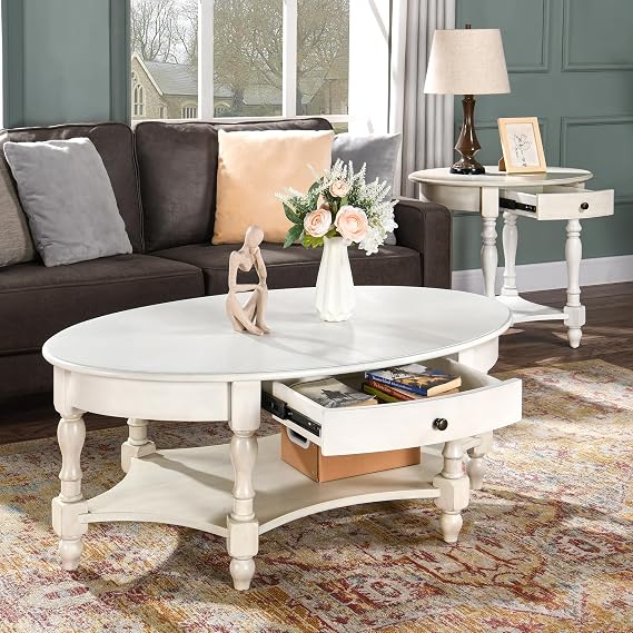 Coffee Table with Drawer, Solid Wood Oval Center Table with Storage Shelf, Traditional Living Room Table with Elegant Vintage Style, 45 x 27.6 x 18.2 Antique White KFZ2233RW